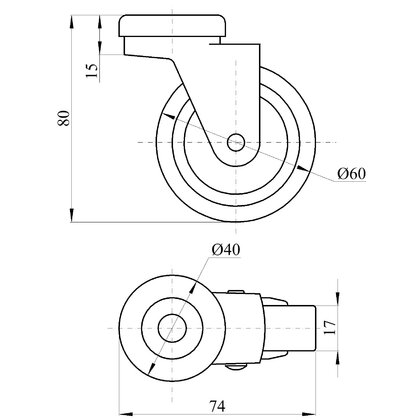 Nábytkové  koliesko 1-0330-60 pogumované s trňom