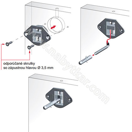 Skryté závesné kovanie pre panely s hmoždinkou a skrutkou