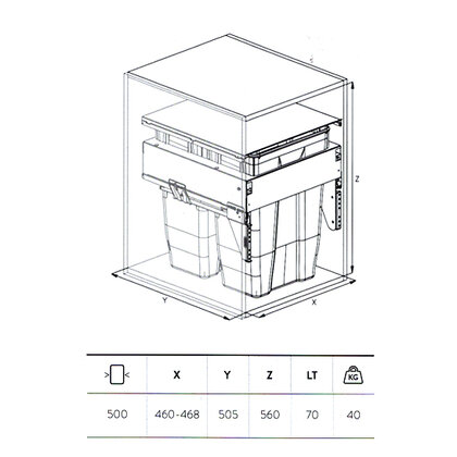 Odpadkový kôš 572, pre šírku: 500mm, s tlmením a uchytením na dvierka, 464x500x560,70l, sivý / SIGE
