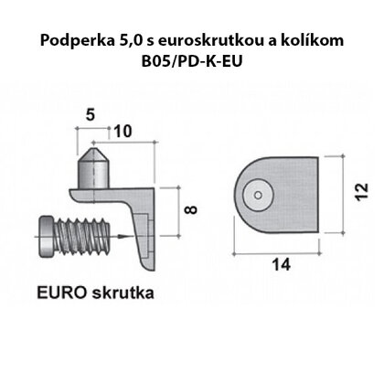 Podperka 5,0 s euroskrutkou a kolíkom, nikel
