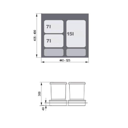 Kôš na odpadky PRAKTIKO do zásuvky šírky 60cm, 1x15 l + 2x7l, sivý / Rejs