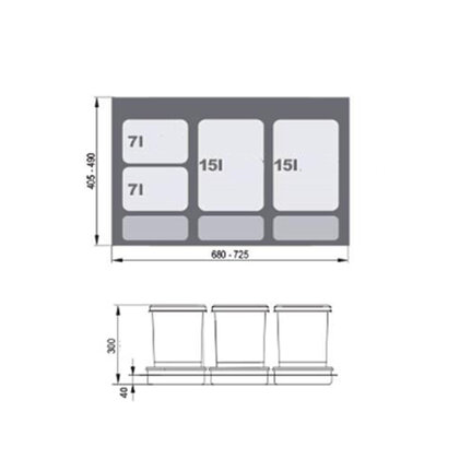 Kôš na odpadky PRAKTIKO do zásuvky šírky 80cm, 2x15 + 2x7 l, sivý / Rejs
