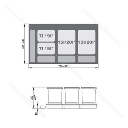 Kôš na odpadky PRAKTIKO do zásuvky šírky 90cm, 2x15 + 2x7 l, sivý / Rejs