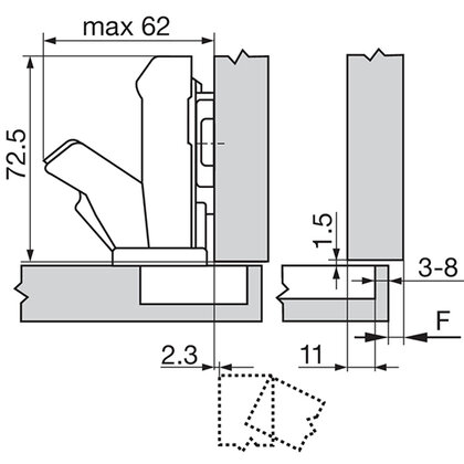 Záves CLIP TOP 155° naložený 70T7550.TL bez pružiny, pre roh.skrinku, (H0-3D) /Blum Záves CLIP TOP 155° naložený 70T7550.TL bez pružiny, pre roh.skrinku, (H0-3D) /Blum