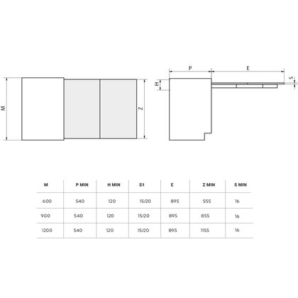 Zásuvkový výsuvný stolový mechanizmus s krytkami LUNCH pre šírku skrinky 900 mm