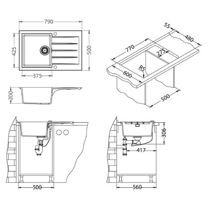 Drez CADIT 20 G91 čierny , 790 X 500 mm , vanička : 375x425x198 mm  BLACK EDITION / Alveus