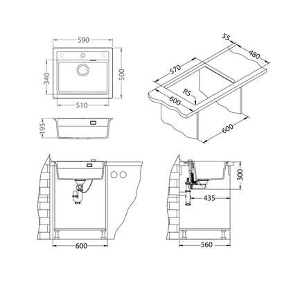 Drez ATROX 30 G91 čierny , 590 X 500 mm , vanička : 510x340x195 mm  BLACK EDITION / Alveus
